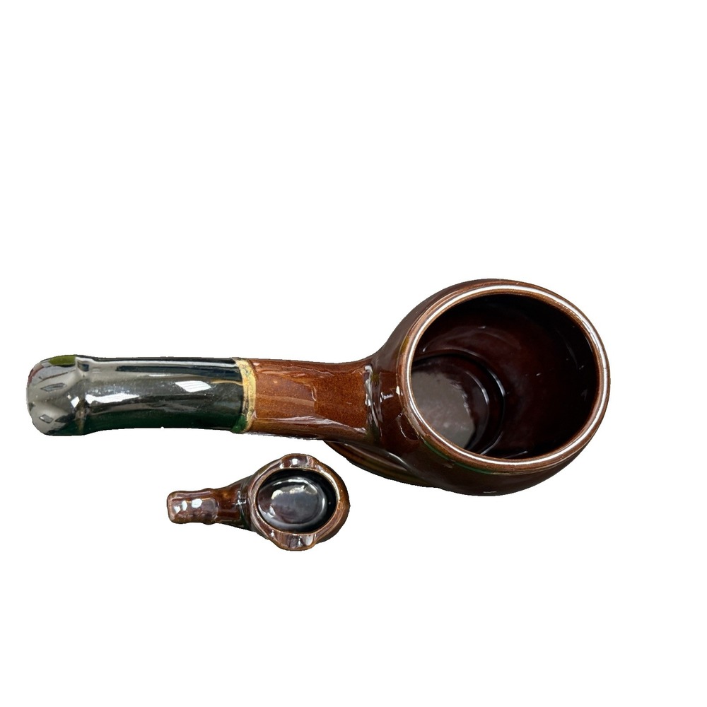Pair Large & Small Vintage Tobacco Pipe Shaped Ceramic Ashtrays Brown Drip Glaze